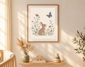 May include: A framed wall art print featuring a brown rabbit sitting among green stems with red flowers and a blue butterfly. The illustration is set against a cream background and enclosed in a light wood frame, displaying a nature-inspired scene.