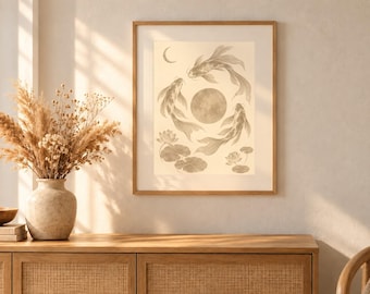May include: A framed wall art print featuring a monochromatic illustration of three koi fish swimming in a circular motion around a central moon, accompanied by a crescent moon, lotus flowers, and lily pads on a light beige background.