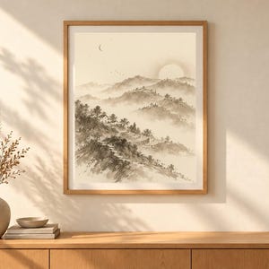 Layered Hills Printable Wall Art, Hillside Village Landscape Print, Low Sun and Crescent Moon, Digital Download, Instant Download image 2