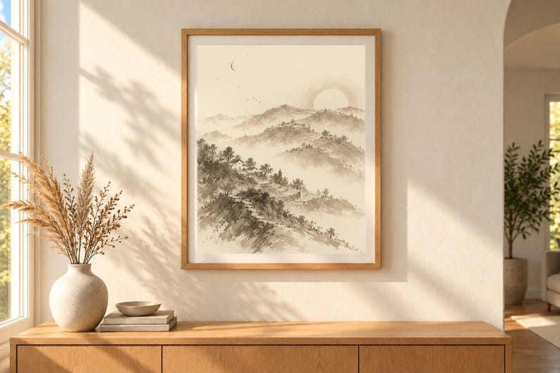 Layered Hills Printable Wall Art, Hillside Village Landscape Print, Low Sun and Crescent Moon, Digital Download, Instant Download image 2
