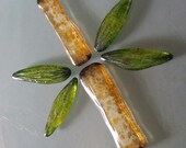 Cabochon 3.5 quot Bamboo Reed Leaves Handmade Primitive Original Leaf Mosaic 6pc Textured Sculpted Tesserae Assemblage Cast Glass