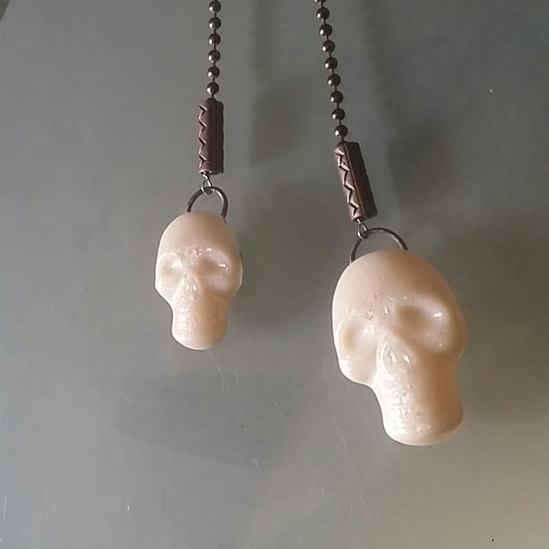Fan Pull Warm White Opal Dichroic Sparkle Fused Glass Skull On Bronze Tone Ball Chain Ceiling Fan Light Pull Pair