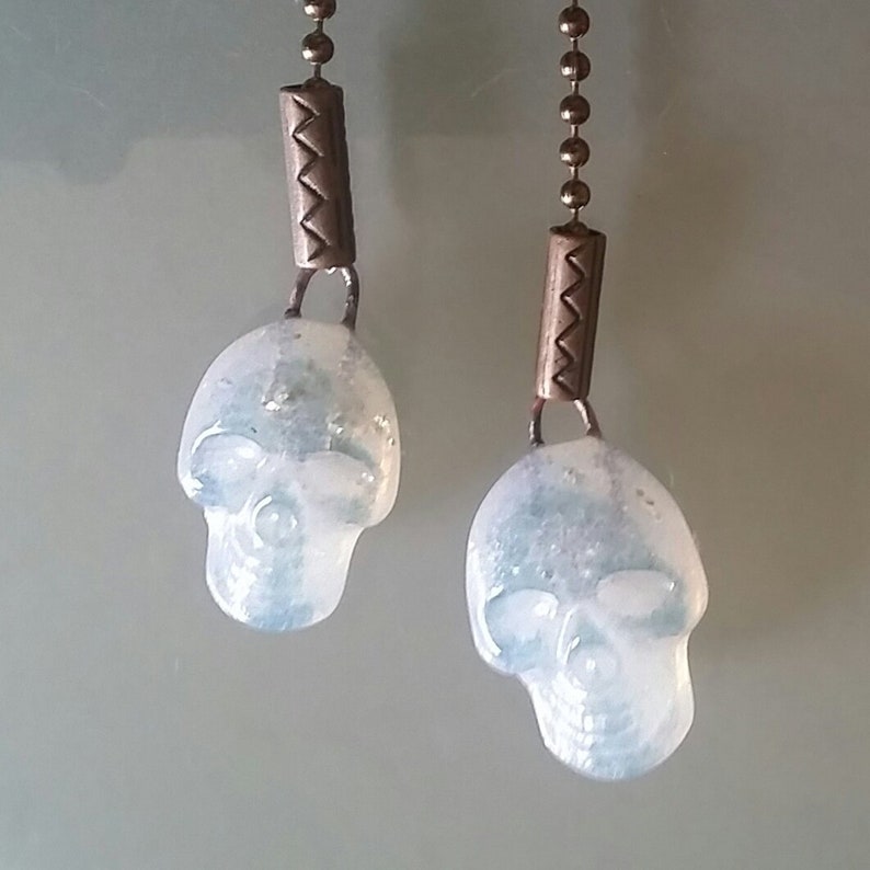 Fan Pull Sea Blue Mica On Opaline Fused Glass Skull On Bronze Tone Ball Chain Ceiling Fan Light Pull Pair