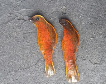 Cabochon 3.5" Birds Red Carnelian Orange Amber Fused Glass Sculpted Bird Tile Cabochon LAST ONE!