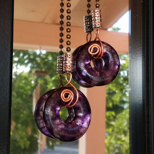 10 Dollar SALE Fan Pull 1.5" Violet Ice Fused Glass Disc Bead on Bronzetone Ball Chain Ceiling Fan Light Pull pair