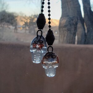 Bronzetone Fan Pull Warm White Opal Dichroic Sparkle Fused Glass Halloween Skull on Bronze-tone Ball Chain Ceiling Fan Light Pull pair