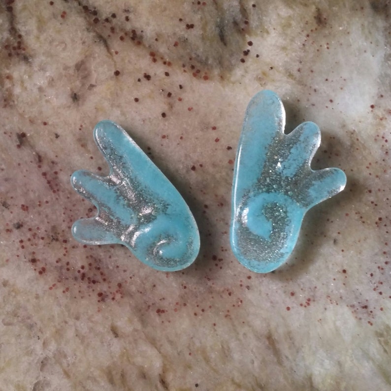 Cabochon 2 Wings Set 2 Picasso Style Wing Pair Cyan Turquoise Aqua Clear Fused Glass Cabochons