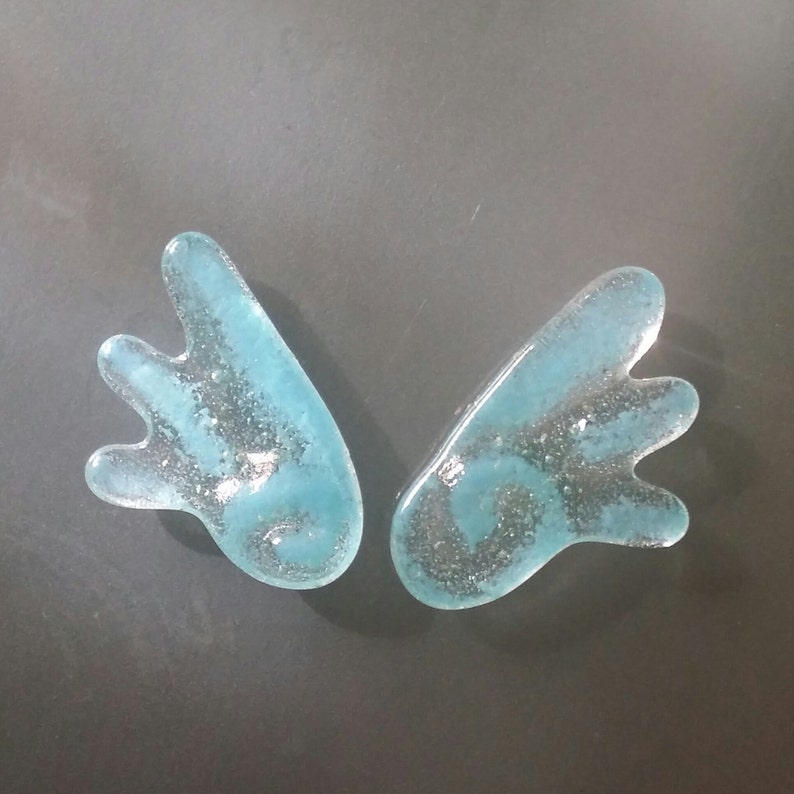 Cabochon 2 Wings Set 2 Picasso Style Wing Pair Cyan Turquoise Aqua Clear Fused Glass Cabochons