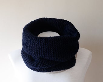 Hand Knitted Cowl in Navy Blue, Oversized Chunky Knit Cowl, Neckwarmer, Wool Blend, Made to Order