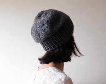 Medium Grey Slouchy Hat, Hand Knit Chunky Slouch Hat, Women Knit Hat, Wool Blend Seamless Winter Hat, Mens Slouchy Beanie