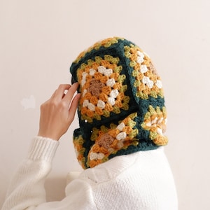 Crochet Balaclava, Dark Green Mustard Granny Square Balaclava, Chunky Crochet Hoodie, Crochet Snow Ski Mask, Winter Hat, Winter Accessories