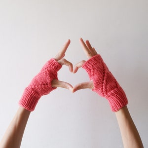 Hand Knit Fingerless Gloves in Coral, Orange Arm Warmers, Mittens, Seamless Knit Gloves, Winter Fall Accessories, Gift For Her