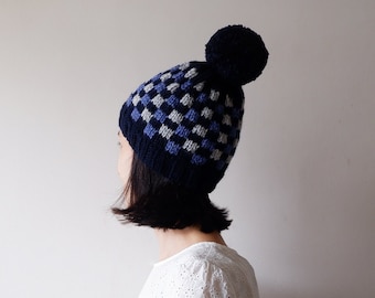 Navy Blue Grey Plaid Hand Knit Beanie, Fair Isle Pom Pom Hat, Womens Chunky Hat, Wool Blend, Winter Accessories, Gift for Her, For Him