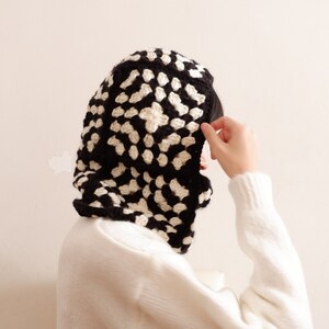 Granny Square Crochet Balaclava: Black & Ivory Chunky Knit Hoodie