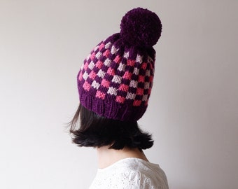 Purple Pink Plaid Hand Knit Beanie, Fair Isle Pom Pom Hat, Womens Chunky Hat, Wool Blend, Winter Accessories, Gift for Her