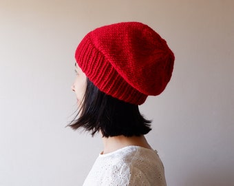 Carmen Red Slouchy Beanie, Hand Knit Chunky Slouch Hat, Women Knit Hat, Wool Blend Hat, Seamless Winter Beanie, Gift for Her, Made to Order