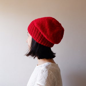 Carmen Red Slouchy Beanie, Hand Knit Chunky Slouch Hat, Women Knit Hat, Wool Blend Hat, Seamless Winter Beanie, Gift for Her, Made to Order