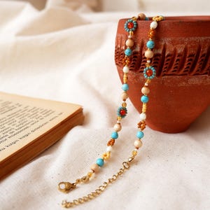 Beaded Flower Necklace, Turquoise - Orange - White - Yellow Handmade Boho Jewelry, Vintage Inspired Bead Necklace