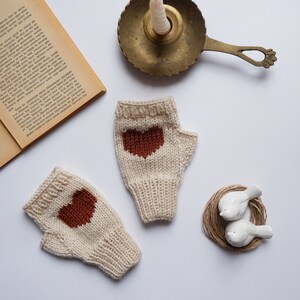 Embroidered Heart Knit Fingerless Gloves: Mushroom Beige Wool Blend Arm Warmers