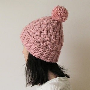 Hand Knit Powder Pink Beanie: Wool Blend Pom Pom Hat
