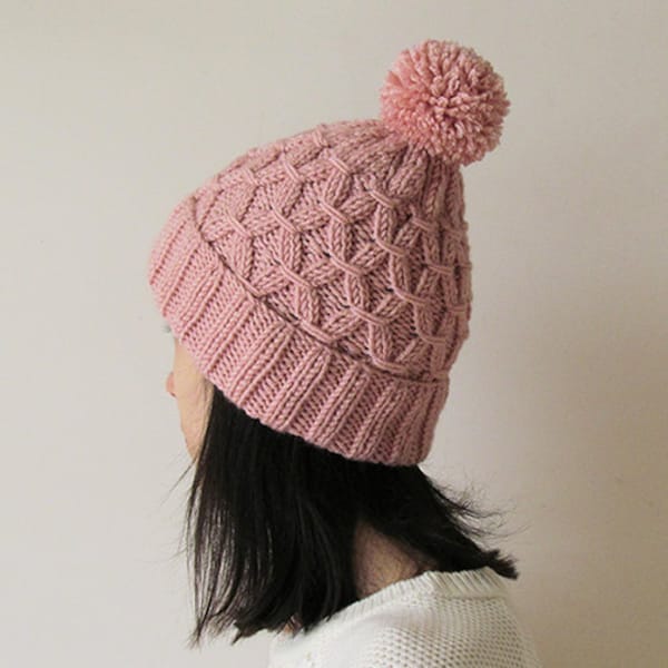 Hand Knit Powder Pink Beanie: Wool Blend Pom Pom Hat