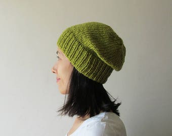 Olive Slouchy Beanie, Green Hand Knit Chunky Slouch Hat, Women Knit Hat, Wool Blend, Seamless, Winter Accessories, Gift for Her