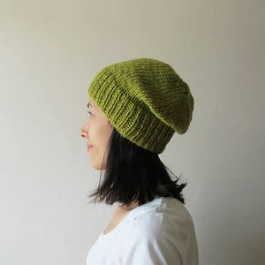 Olive Slouchy Beanie, Green Hand Knit Chunky Slouch Hat, Women Knit Hat, Wool Blend, Seamless, Winter Accessories, Gift for Her