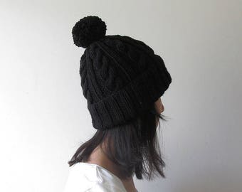 Cable Knit Hat in Black, Womens Pom Pom Hat, Hand Knit Beanie with Folded Brim, Hat for Men, Wool Blend, Winter Accessories