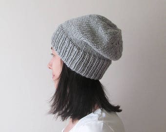 Silver Grey Slouchy Beanie, Gray Knit Chunky Slouch Hat, Women Knit Hat, Mens Slouchy Beanie, Wool Blend, Seamless, Gift for Her, For Him