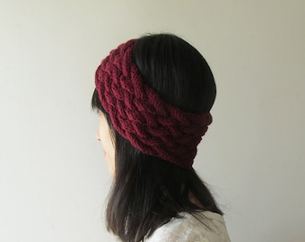 Hand-knitted Burgundy Wool Blend Headband: Winter Ear Warmer  display picture 1