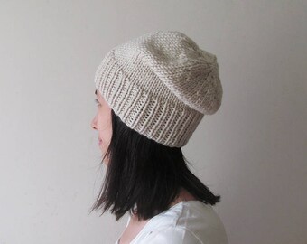 Beanie slouchy beige de champignon, chapeau de Slouch de tricot de main, chapeau de tricot de femmes, beanie de Slouchy de Mens, mélange de laine, sans couture, cadeau pour elle