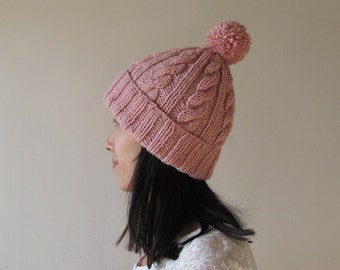 ?Women - 2 Pom Cable Knit Winter Warm Fleece Hat - Wool Snow Cuff Pink Ski Cap FUDERU Cuffed Hats Winter for Women Toboggan Hat Stocking  main image 2