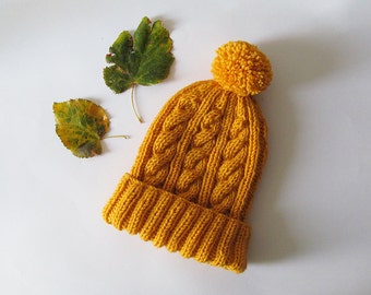 Cable Knit Hat in Yellow, Hand Knit Beanie with Folded Brim, Womens Pom Pom hat, Hand Knitted Hat, Winter Accessories, Wool Blend, For Her