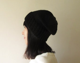 Black Slouchy Hat, Hand Knit Chunky Slouch Hat, Women Knit Hat, Wool Blend Seamless Beanie, Mens Slouchy Beanie, Gift for Her