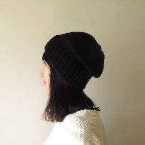 Black Slouchy Hat, Hand Knit Chunky Slouch Hat, Women Knit Hat, Wool Blend Seamless Beanie, Mens Slouchy Beanie, Gift for Her