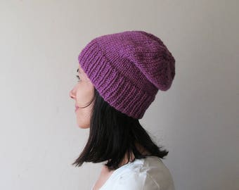 Dark Lilac Slouchy Hat, Hand Knit Chunky Slouch Hat, Women Slouchy Beanie, Wool Blend Hat, Seamless Winter Beanie, Gift for Her