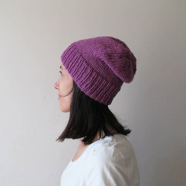 Dark Lilac Slouchy Hat, Hand Knit Chunky Slouch Hat, Women Slouchy Beanie, Wool Blend Hat, Seamless Winter Beanie, Gift for Her