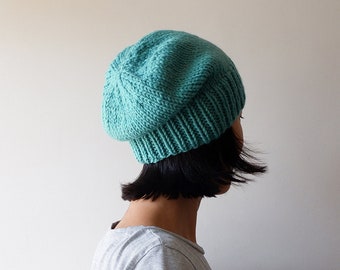 Mint Slouchy Beanie, Green Hand Knit Chunky Slouch Hat, Women Knit Hat, Mens Slouchy Beanie, Wool Blend, Seamless, Gift for Her