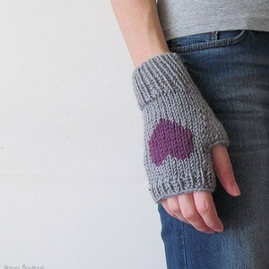 Knit Fingerless Gloves in Granite, Purple Plum Embroidered Heart, Heart Gloves, Fingerless Mittens, Arm Warmers, Wool Blend, Gift For Her image 1