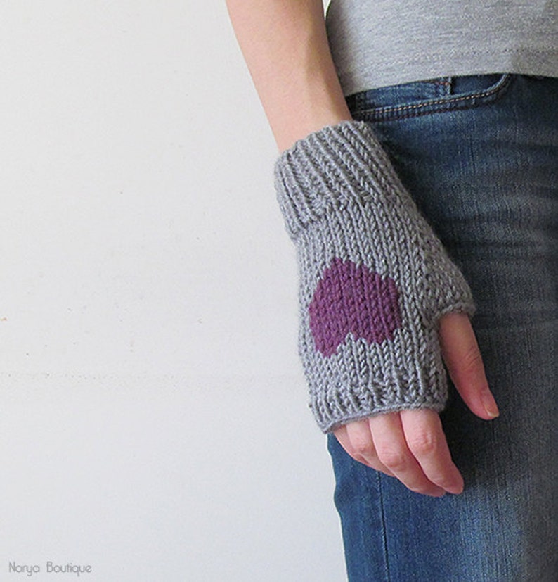 Knit Fingerless Gloves in Granite, Purple Plum Embroidered Heart, Heart Gloves, Fingerless Mittens, Arm Warmers, Wool Blend, Gift For Her image 1