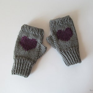 Knit Fingerless Gloves in Granite, Purple Plum Embroidered Heart, Heart Gloves, Fingerless Mittens, Arm Warmers, Wool Blend, Gift For Her image 2