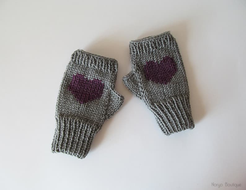 Knit Fingerless Gloves in Granite, Purple Plum Embroidered Heart, Heart Gloves, Fingerless Mittens, Arm Warmers, Wool Blend, Gift For Her image 2