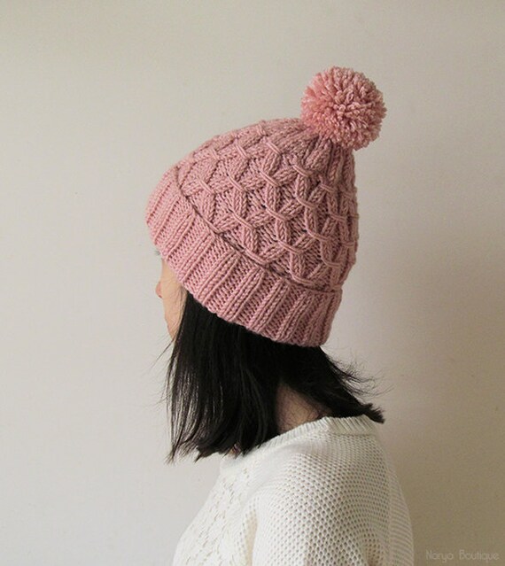 Hand Knitted Hat In Powder Pink Womens Pom Pom Hat Beanie Etsy Hand Knitted Hat In Powder Pink Womens Pom Pom Hat Beanie Etsy