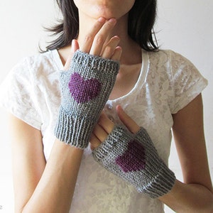 Knit Fingerless Gloves in Granite, Purple Plum Embroidered Heart, Heart Gloves, Fingerless Mittens, Arm Warmers, Wool Blend, Gift For Her image 3