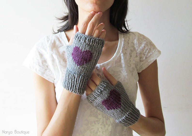 Knit Fingerless Gloves in Granite, Purple Plum Embroidered Heart, Heart Gloves, Fingerless Mittens, Arm Warmers, Wool Blend, Gift For Her image 3