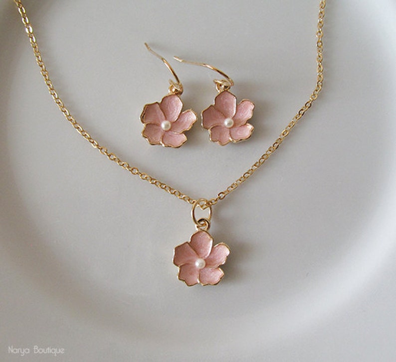 Pink Flower Necklace Sakura Flower Necklace 16k Gold Etsy
