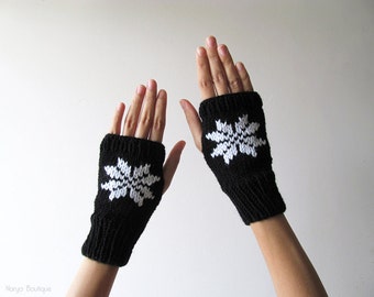 Hand Knit Fingerless Gloves in Black, White Embroidered Snowflake, Seamless Knit Gloves, Wool Blend, Knit Mittens, Wrist Warmers