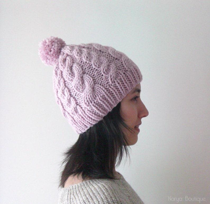 Chunky Cable Knit Hat in Light Pink 