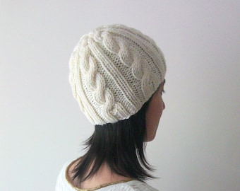 Hand Knitted Chunky Cable Beanie in Cream - Seamless Hat - Wool Blend - Winter Fall Hat