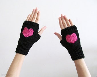 Knit Fingerless Gloves in Black, Orchid Pink Embroidered Heart, Heart Knit Gloves, Fingerless Mittens, Seamless, Wool Blend, Made to Order